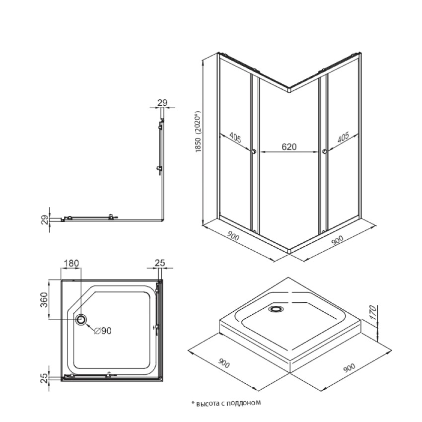 Душевая ширма Вента-Хром 90x90 квадрат Triton